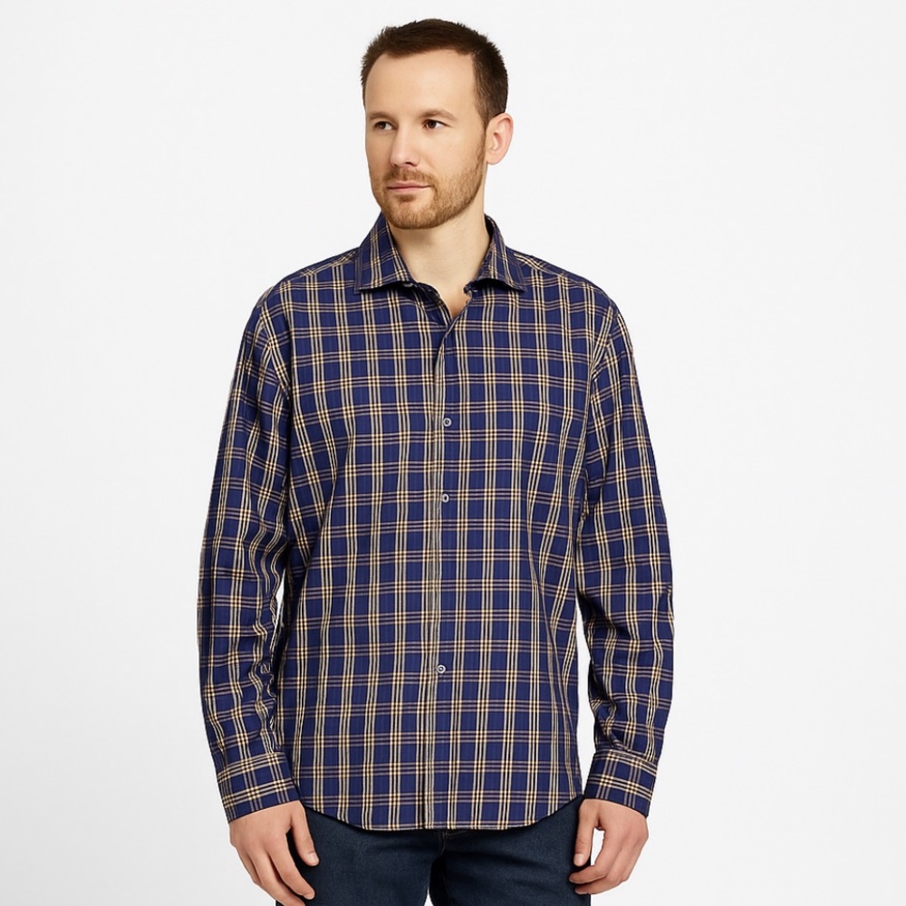 BUGATCHI UOMO SHAPED FIT PURPLE LONG SLEEVE PLAID PRINT BUTTON DOWN SHIRT MENS